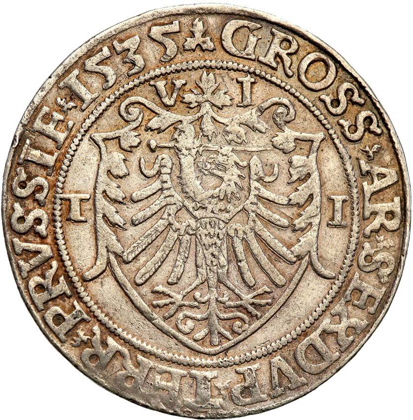 Zygmunt I Stary. Pruski Szóstak (6 groszy) 1535, Toruń Ex. Karolkiewicz Collection - RZADKOŚĆ R7